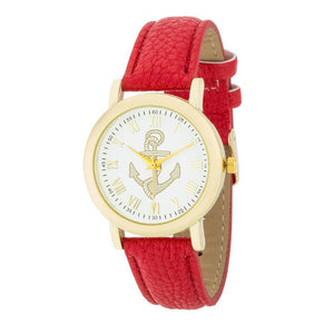 Natalie Gold Nautical Watch With Red Leather Band - Jewelry Xoxo