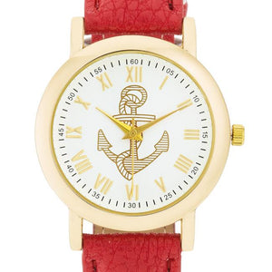 Natalie Gold Nautical Watch With Red Leather Band - Jewelry Xoxo