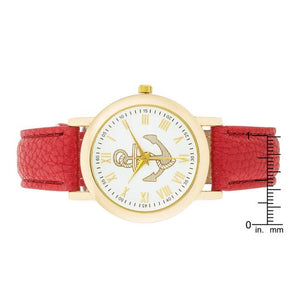 Natalie Gold Nautical Watch With Red Leather Band - Jewelry Xoxo