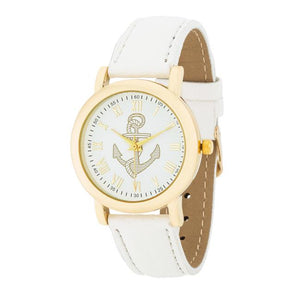 Natalie Gold Nautical Watch With White Leather Band - Jewelry Xoxo