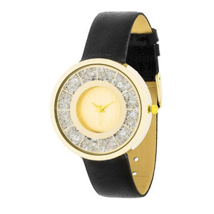 Gold Black Leather Watch With Crystals - Jewelry Xoxo