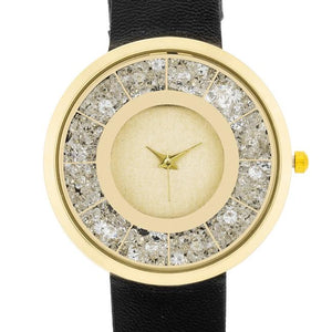 Gold Black Leather Watch With Crystals - Jewelry Xoxo