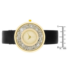 Gold Black Leather Watch With Crystals - Jewelry Xoxo