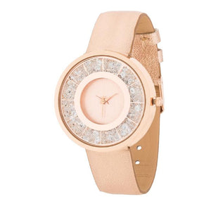 Rose Goldtone Leather Watch With Crystals - Jewelry Xoxo