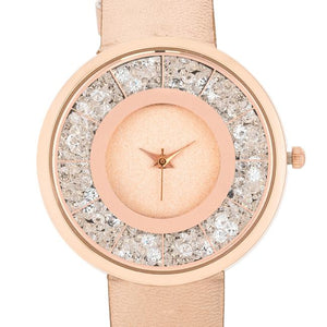 Rose Goldtone Leather Watch With Crystals - Jewelry Xoxo