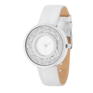Silver Leather Watch With Crystals - Jewelry Xoxo