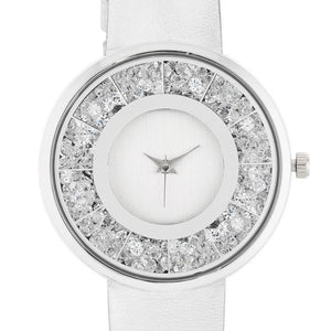 Silver Leather Watch With Crystals - Jewelry Xoxo