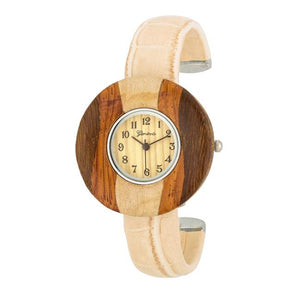 Brenna Beige Wood Inspired Leather Cuff Watch - Jewelry Xoxo