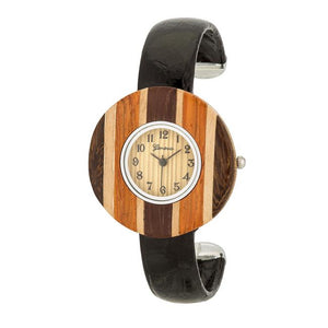 Brenna Black Wood Inspired Leather Cuff Watch - Jewelry Xoxo