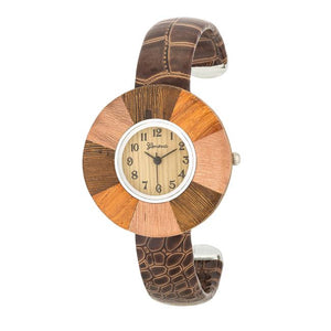 Brenna Dark Brown Wood Inspired Leather Cuff Watch - Jewelry Xoxo