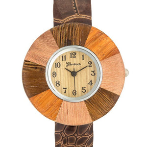 Brenna Dark Brown Wood Inspired Leather Cuff Watch - Jewelry Xoxo