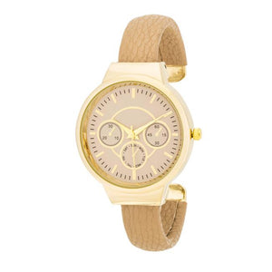 Reyna Gold Beige Leather Cuff Watch - Jewelry Xoxo