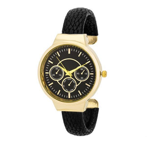 Reyna Gold Black Leather Cuff Watch - Jewelry Xoxo