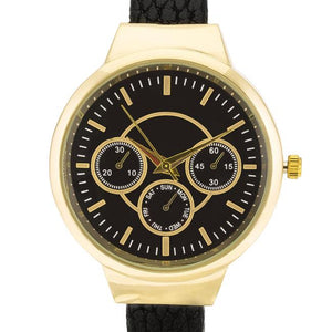 Reyna Gold Black Leather Cuff Watch - Jewelry Xoxo