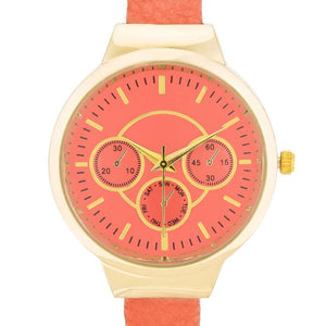 Reyna Gold Coral Leather Cuff Watch - Jewelry Xoxo