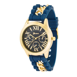 Gold Watch With Navy Blue Rubber Strap - Jewelry Xoxo