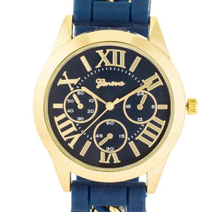 Gold Watch With Navy Blue Rubber Strap - Jewelry Xoxo